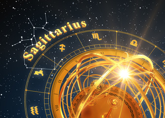 Wall Mural - zodiac sign sagittarius and armillary sphere on blue background