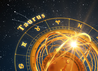 Wall Mural - zodiac sign taurus and armillary sphere on blue background