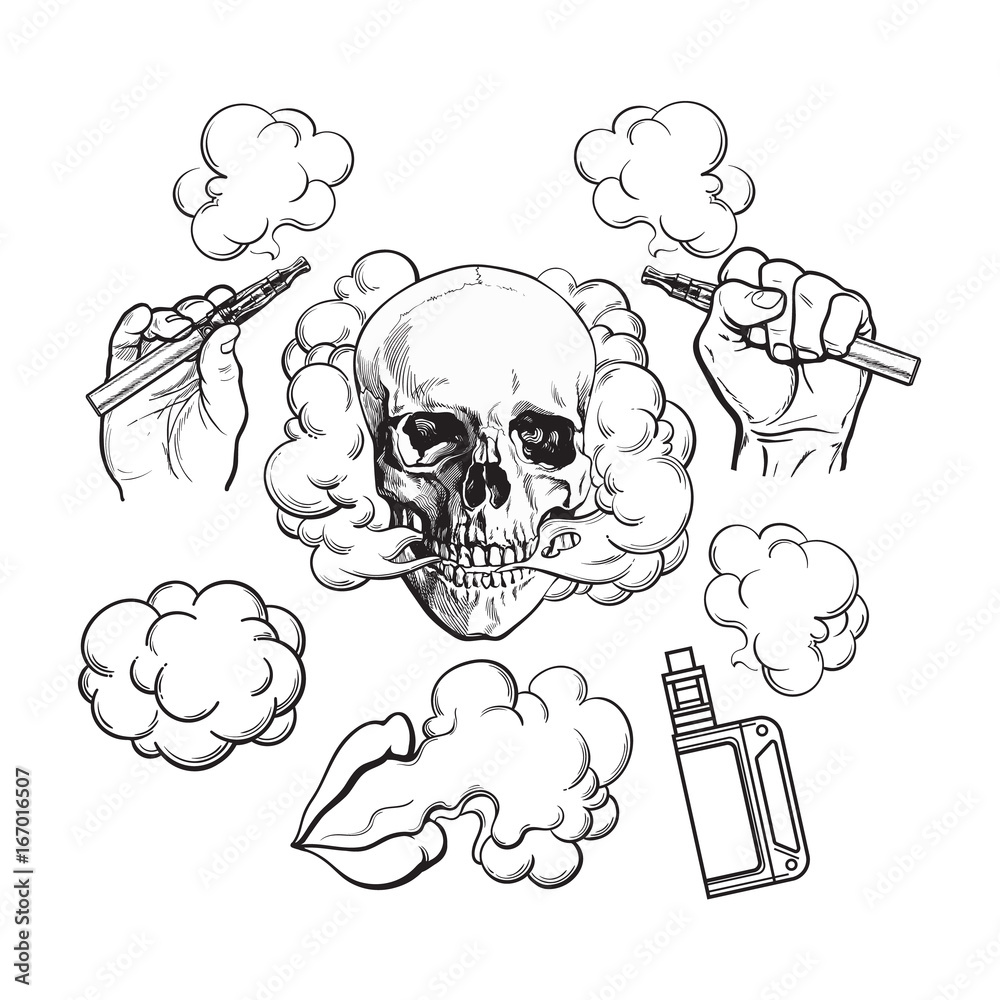 e cigarette drawing Vaping related elements, symbols - smoke, skull, vaporizer, e-cigarette,  black and white sketch vector illustration isolated on background. Stock  Vector