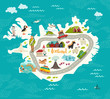 Iceland map vector illustration. Iceland landmarks, road, nature, people and animals