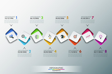 Infographic design template with timeline and 8 connected square elements