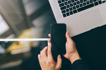 Poster - cyber security internet and networking concept.Businessman hand working with VR screen padlock icon on mobile phone and digital tablet laptop computer
