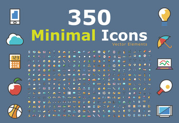 Poster - Set of 350 Minimalistic Solid Line Colored on Blue Background . Isolated Vector Elements