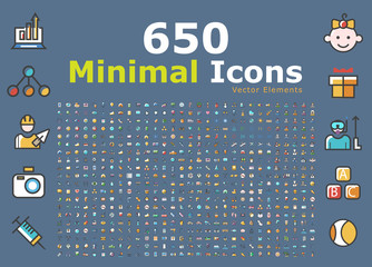 Poster - Set of 650 Minimalistic Solid Colored on Blue Background . Isolated Vector Elements