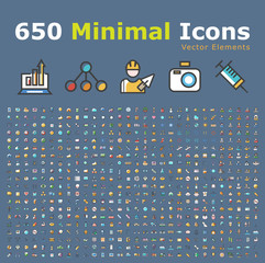 Poster - Set of 650 Minimalistic Solid Line Colored on Blue Background . Isolated Vector Elements