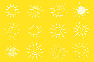 Wall Mural - Cute hand drawn sun on yellow background - big collection. Vector.