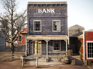 Western town rustic bank. 3d rendering