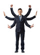© gearstd - A businessman with six arms making fists, stopping and welcoming motions.