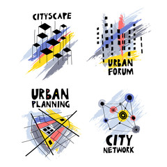 Vector set of  trendy logos on the theme of urban planning, city forum, communities, architecture, real estate. Black hand-drawn structures on background of colored brush smears.