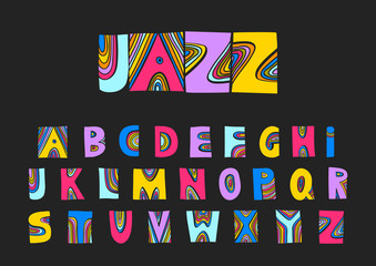 Aufkleber - Vector handwritten uppercase artistic colorful alphabet. For design of music posters, festivals, placards, CD covers.