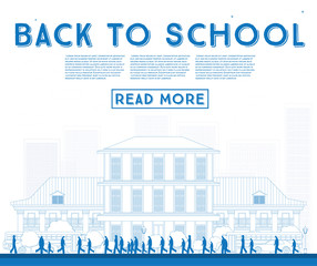 Wall Mural - Outline Back to School. Banner with School Bus, Building and Students.