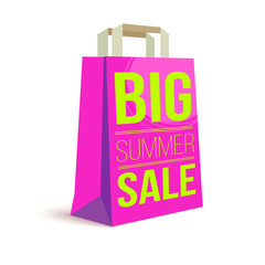 Poster - Color paper shopping bag with ad text. Big summer sale and picture sun on the bag for purchase. 3D illustration. Template for online shopping, advertising actions
