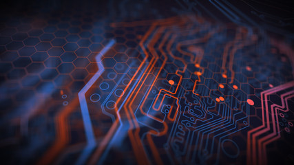 Poster - Blue, red and yellow background with digital integrated network technology. Printed circuit board. Technology background. 3D illustration.
