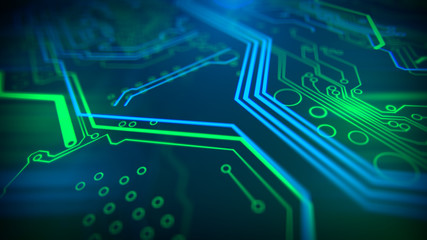 Poster - Blue and green background with digital integrated network technology. Printed circuit board. Technology background. 3D illustration.