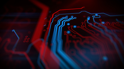 Poster - Blue, red background with digital integrated network technology. Printed circuit board. Technology background. 3D illustration.