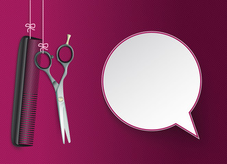 Wall Mural - hanging scissors comb purple speech bubble