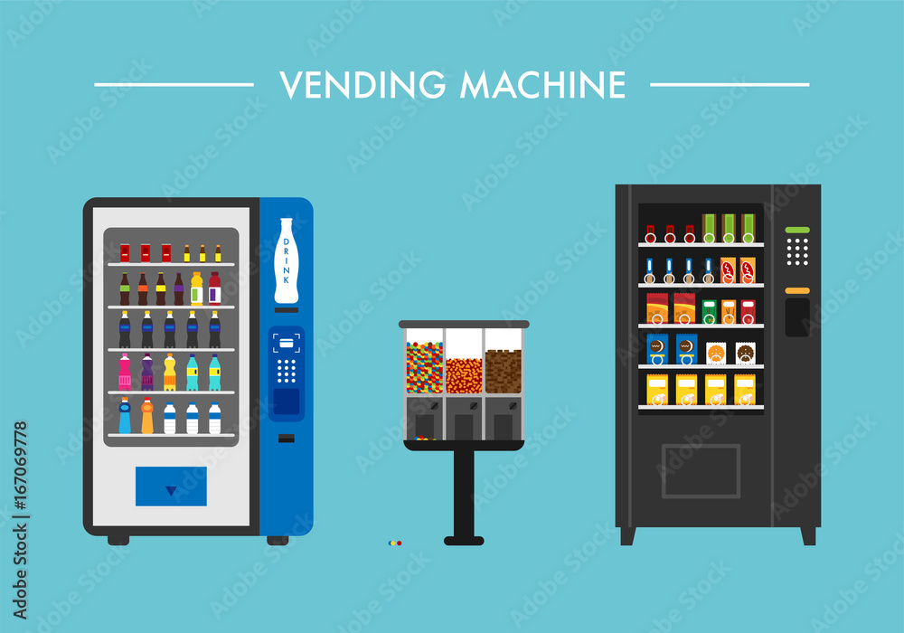 beverage vending machine vector flat design illustration set  - obrazy, fototapety, plakaty 