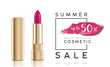 © volmon - Cosmetics sale banner with lipstick and pink smear. Fashion sale discount illustration.