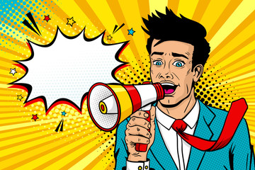 Wall Mural - Wow pop art male face. Young handsome man with open mouth, flying tie, megaphone screaming announcement and empty speech bubble. Vector background in comic retro pop art style. Invitation poster.