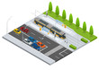 Modern Tramway on the stop and cars on the road Metropolitan mass transit system icons featuring tram car, cable car and modern tramway train Ideal for transportation infographics City Transport