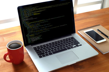 Fototapete - Developer Team Working Laptop Computer Mobile Application Softwareand Web Design Online Technology Content script to display