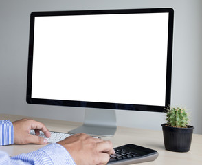 Poster - young man working businessman using a desktop computer of the blank screen