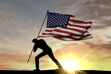 United States Flag Being Pushed Into The Ground By A Male Silhouette. 3D Rendering