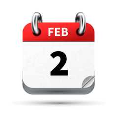 Bright realistic icon of calendar with 2 february date isolated on white