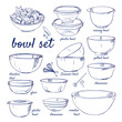 Doodle set of Bowls - plastic, mixing, stainless steel, glass, plastic, stoneware, wooden, potted, ceramic, whisk, fruits, salad, hand-drawn. Vector sketch illustration isolated over white background.