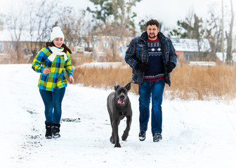 Attractive young boy and girl playing with a dog is on snow-covered field.