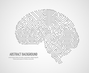 Fototapete - Digital human brain with computer circuit board. Electronic medicine technology vector concept