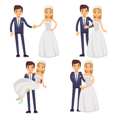 Wall Mural - Cartoon wedding couple. Just married vector characters