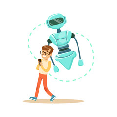 Sticker - Boy controlling his robot with mobile phone, future technology concept vector Illustration