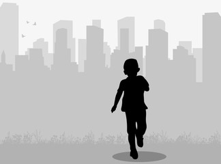 Sticker - silhouette of children boys on city background