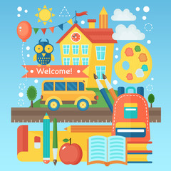 Aufkleber - Back To School Banner with school building, bus and education icons. Vector Flat Illustration. School Education Concept. Vector illustration.