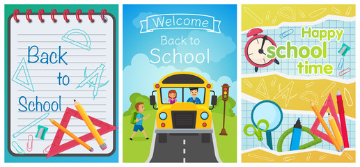 Aufkleber - Welcome back to school concept template. School equipment, bus on the road and notebook. Vector collection of cartoon flat education design concepts.