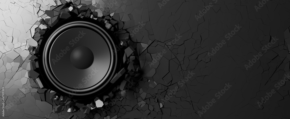 Loudspeaker on a black wall background. 3d illustration - obrazy, fototapety, plakaty 