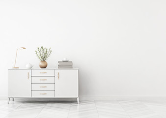 Living room interior with chest of drawers, plant in vase and lamp on empty white wall background. 3D rendering.