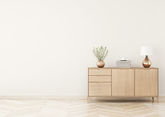 Aufkleber - Living room interior with chest of drawers, plants and lamp on beige wall background. Empty space on left. 3D rendering.