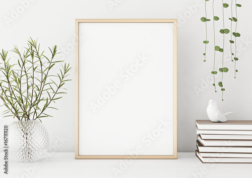 Fotografia Interior poster mock up with vertical metal frame and plants in vase on white wall background