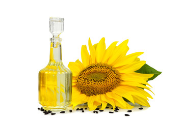 Wall Mural - Sunflower seed oil and sunflower isolated on white background