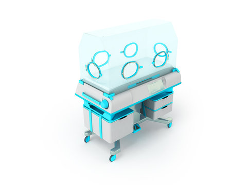 Incubator for newborns light blue 3d rendering on white background