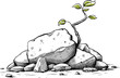 A fresh, cartoon sapling with green leaves grows from a pile of small jagged rocks.