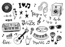 Hand Drawn Sketch Set Of Music Culture Doodles, Instruments, Notes, Signs And Symbols