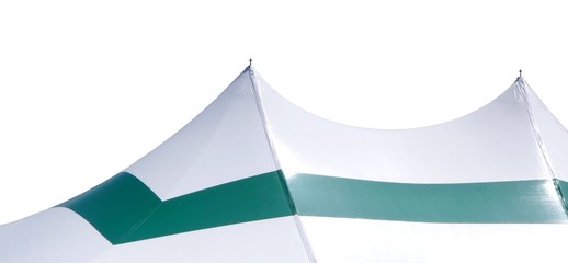 top of large white events tent with a green stripeisolated 