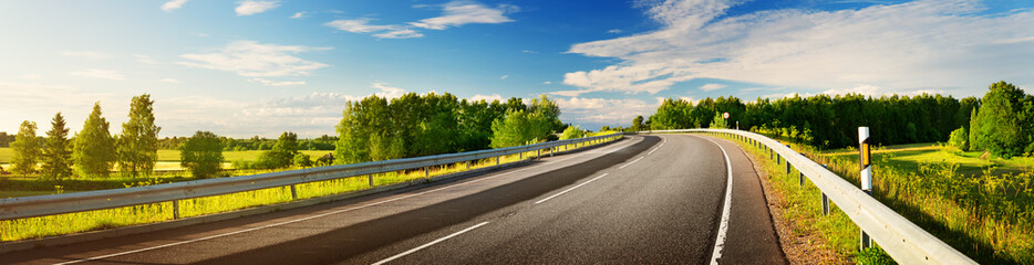 Wall Mural - asphalt road panorama in countryside on sunny spring evening