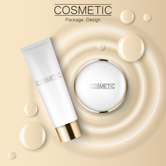 Wall Mural - Concealer and compact foundation and a drop of the design template advertising cosmetics 3d. Top view realistic illustration of a packaging design cream.