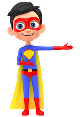 Wall Mural - Boy Superman indicates hands on an empty space. 3d render illustration.