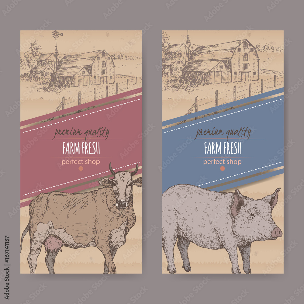 Two farm shop labels with farmhouse, barn, cow and pig. Stock Vector ...