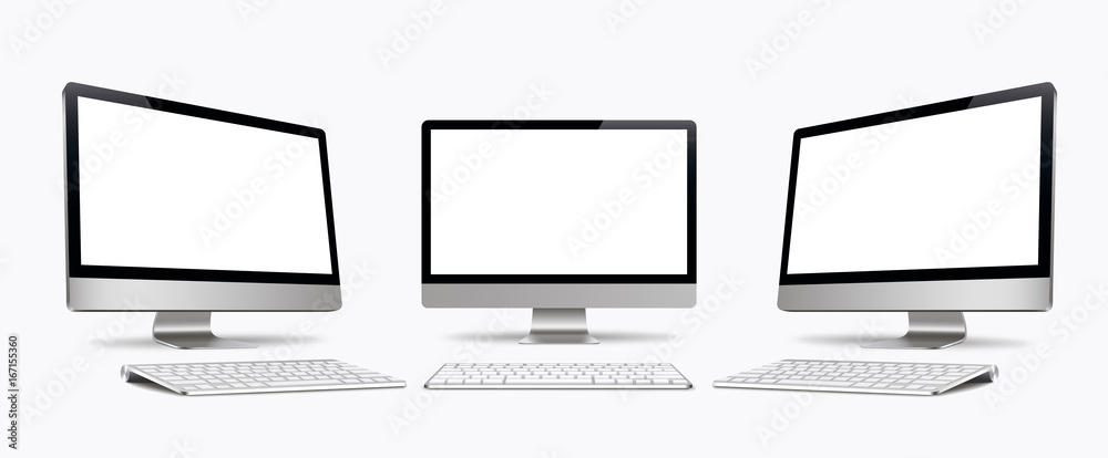 Desktop computer screen with keyboard vector isolated, monitor, realistic,3D, isolated - stock vector. - obrazy, fototapety, plakaty 